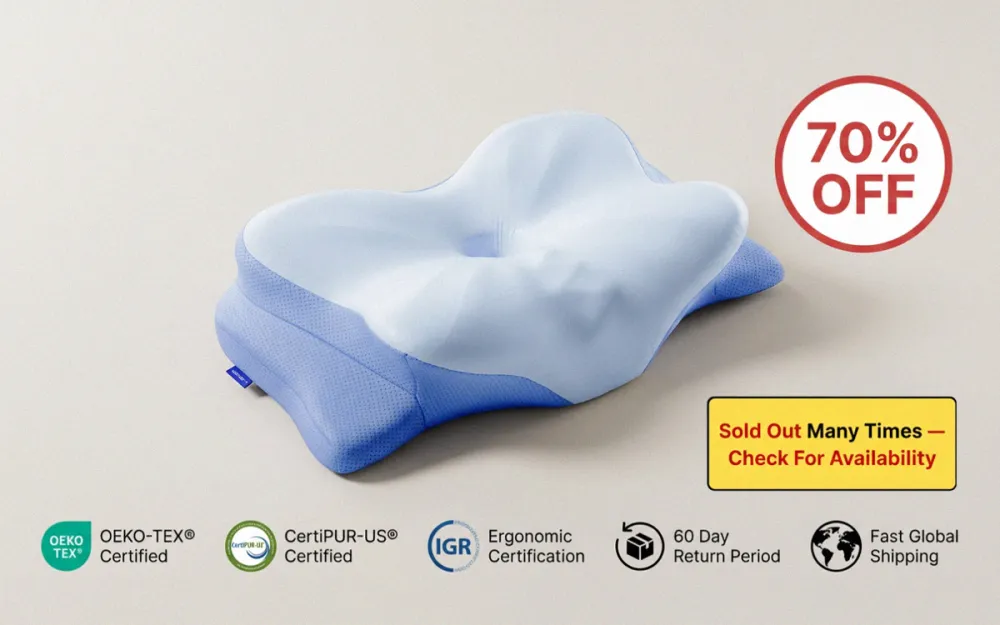 Derila Ergo product photo with seventy percent off discount badge. Sixty day guarantee seal. Clean, professional setting. Green CTA button visible.