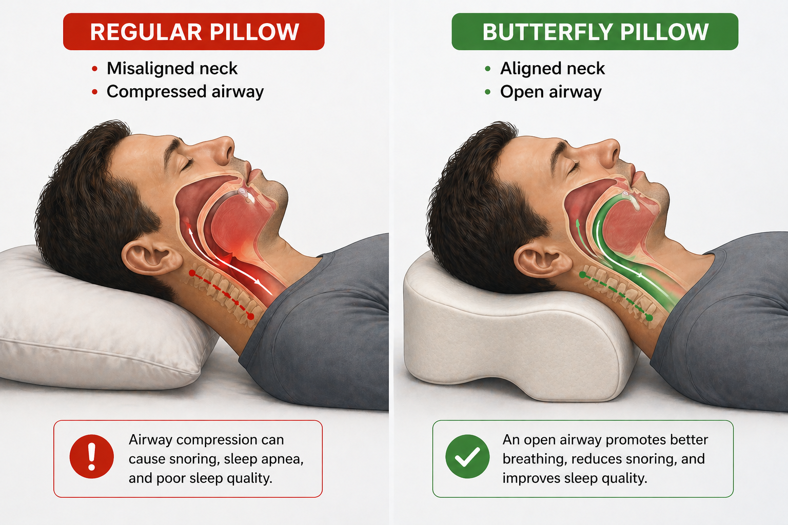 Clean medical illustration showing two airways in lateral cross-section. Left: neck misaligned on a regular pillow, airway compressed (marked in red). Right: neck aligned on butterfly pillow, airway open (marked in green). Editorial medical style.