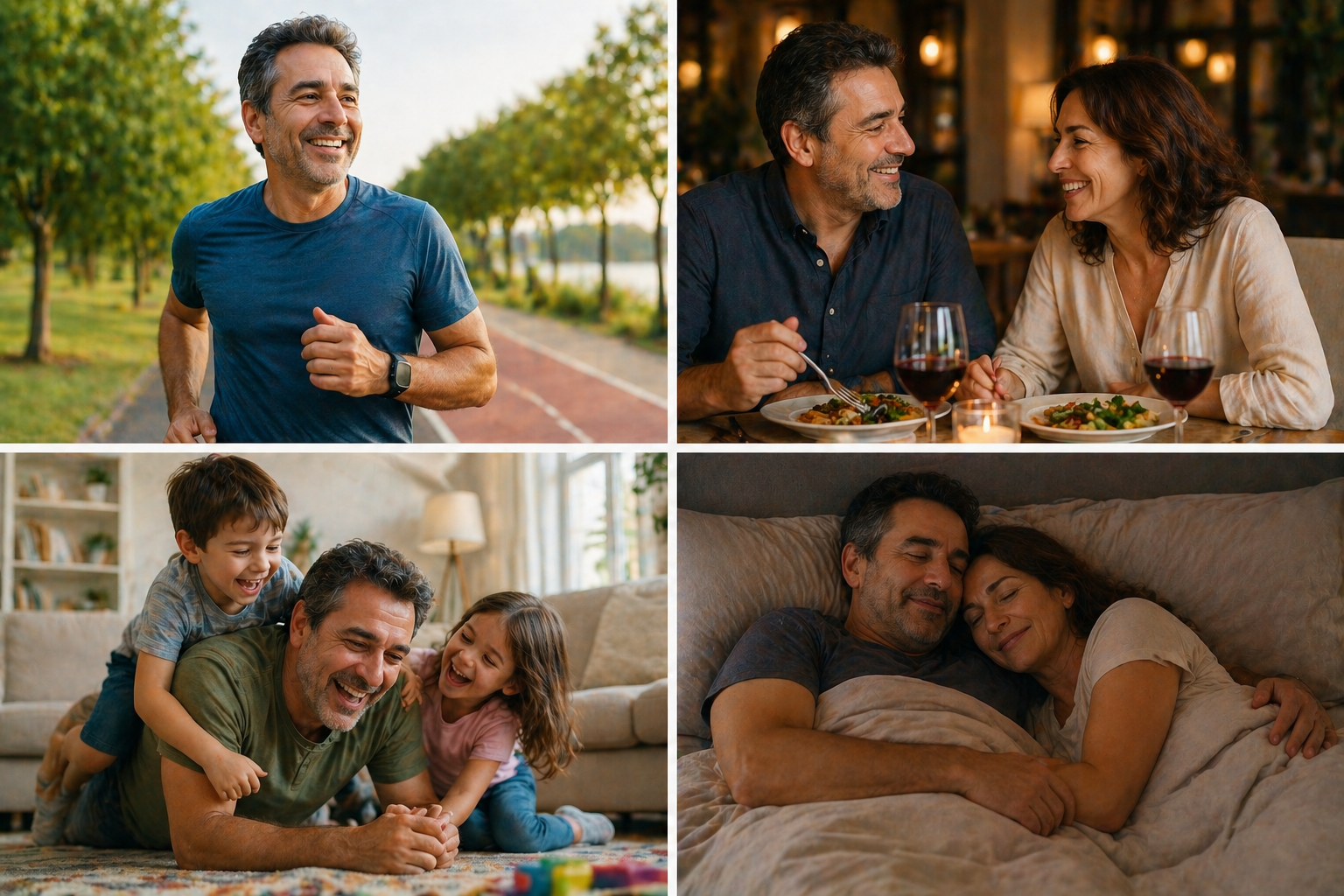 Sequence of four small photos, visual diary style: 1) Man walking/jogging outdoors, smiling. 2) Couple having dinner together at a restaurant. 3) Man playing with grandkids/children with energy. 4) Couple sleeping together peacefully.