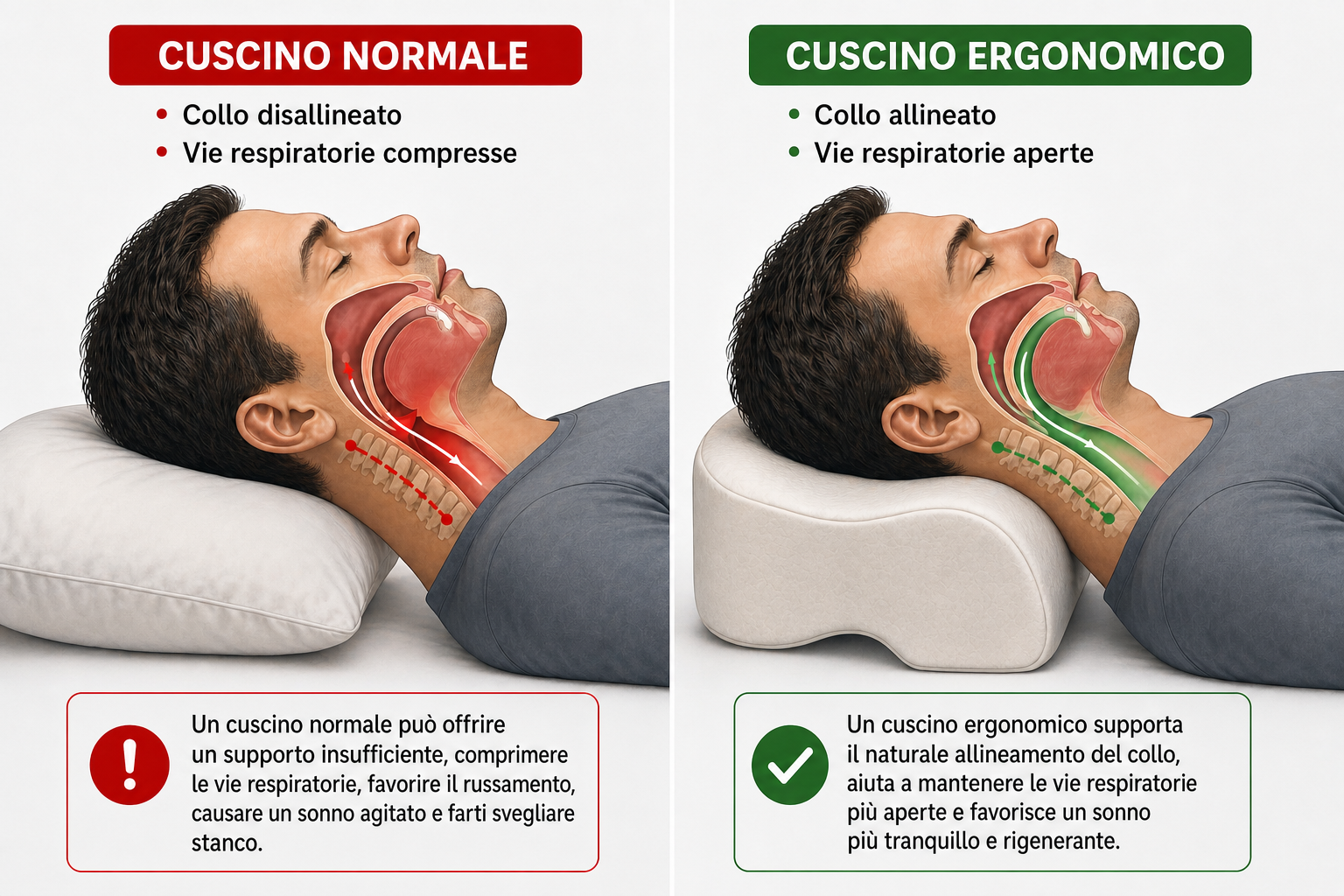 Confronto tra cuscino normale e cuscino ergonomico