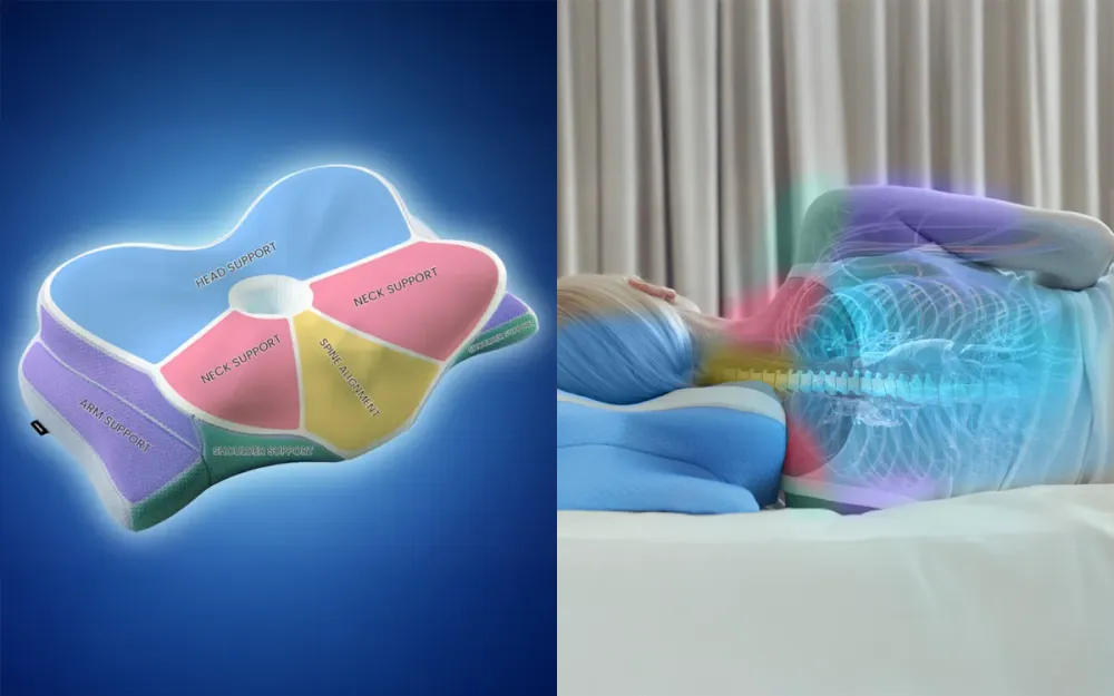 Cuscino Derila Ergo su un letto pulito e ben rifatto. Angolazione che mostra chiaramente la forma a farfalla, le ali laterali e il contorno cervicale. Luce naturale. Camera accogliente ma non lussuosa — reale e riconoscibile.